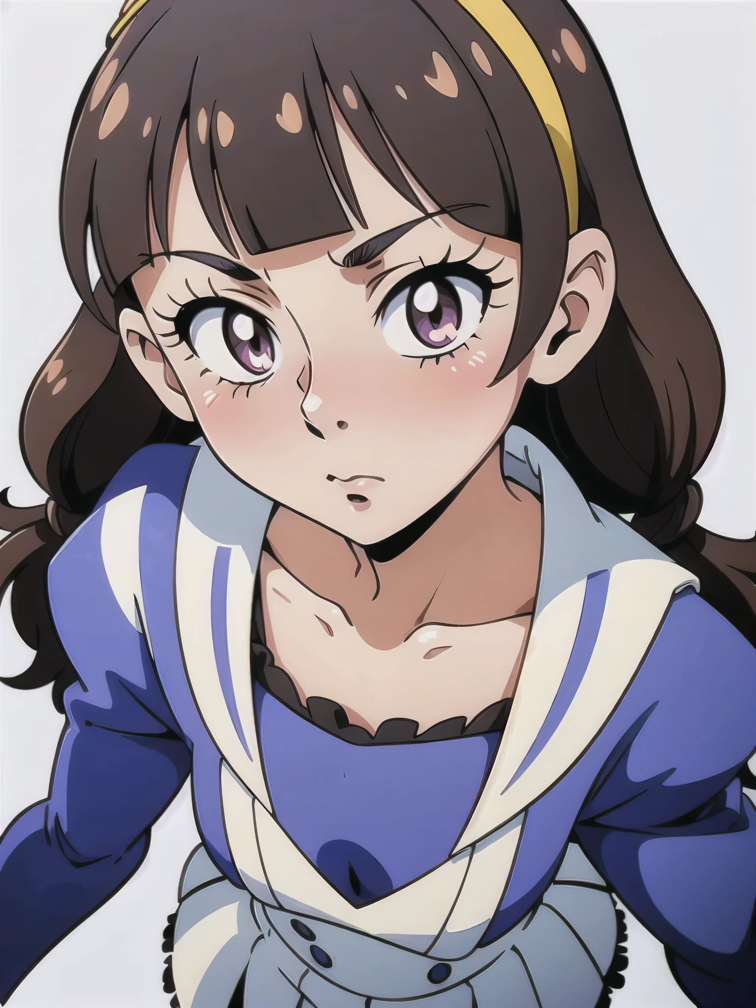 1 girl, (solo), ((amanogawaki)), best quality, highres, high quality, 8k, HD, super detail, anatomically correct, UHD, accurate, (masterpiece:1.2), (high quality:1.0), (ultra detailed), (no Background), (White Background), (Embarrassed), Blushing, Looking away, Brat, ((Adult)), (Blue White Uniform), Uniform Skirt, Adult, Yellow Headband, ((holding panties, Panty)), View from above, Above upper body