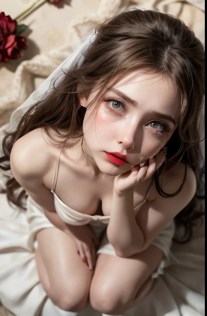 Woman on knees, oval face, (((from above))), Red lips, crying, sad, distressed, wedding dress, brown long hair, (((looking at viewer))), runied makeup, fit, atlethic body,