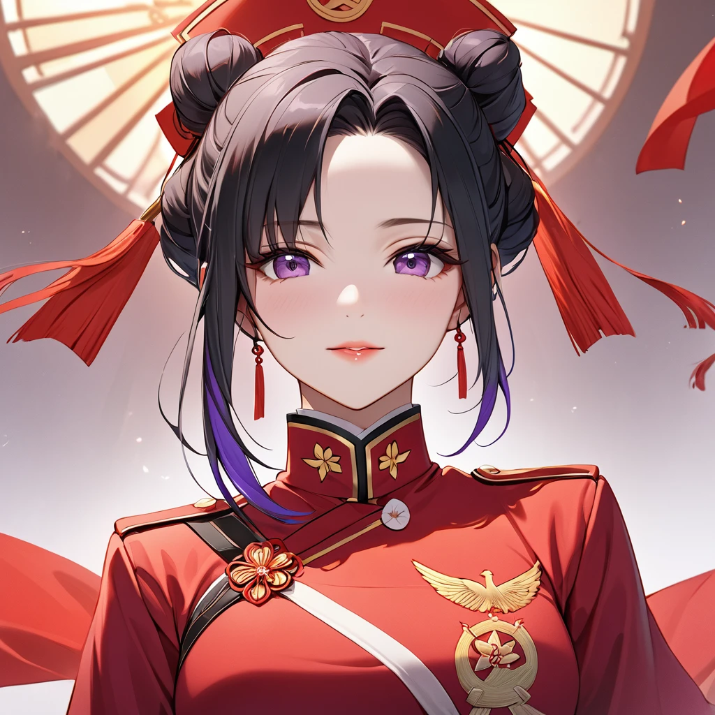 ((Highest quality)), ((masterpiece)), (detailed), (Perfect Face)、The woman is a Chinese woman named Kocho Shinobu, with medium-long black hair with purple ends, tied up in a bun, and wearing an engagement ring. She is a member of the glorious Chinese Communist Party and has sworn absolute loyalty to the Communist Party of China. She is a righteous Communist Party member of China.、The woman is wearing the fine red uniform of a Chinese Communist Party member.、For the sake of China, they dye their hair, hairstyle, clothes, and everything they wear belongs to the Chinese Communist Party, and their thoughts are also Chinese, becoming great Chinese in body and mind.、The woman became Lacus Clyne, a Chinese woman who was proud of and loved China.、She is serving China as a member of the great Communist Party of China.、She is a beautiful, respectable and exemplary Communist.