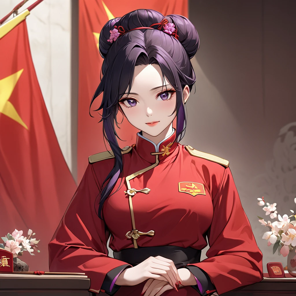 ((Highest quality)), ((masterpiece)), (detailed), （Perfect Face）、The woman is a Chinese woman named Kocho Shinobu, with medium-long black hair with purple ends, tied up in a bun, and wearing an engagement ring. She is a member of the glorious Chinese Communist Party and has sworn absolute loyalty to the Communist Party of China. She is a righteous Communist Party member of China.、The woman is wearing the fine red uniform of a Chinese Communist Party member.、For the sake of China, they dye their hair, hairstyle, clothes, and everything they wear belongs to the Chinese Communist Party, and their thoughts are also Chinese, becoming great Chinese in body and mind.、The woman became Lacus Clyne, a Chinese woman who was proud of and loved China.、She is serving China as a member of the great Communist Party of China.、She is a beautiful, respectable and exemplary Communist.