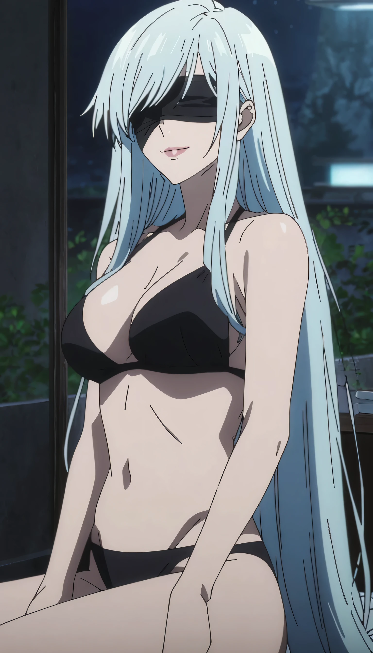 1girl, female gojo satoru, anime screencap from jujutsu kaisen, gojo satoru female version, solo, very long_hair, ((smooth texture hair)) ((black blindfold)), ((very long white_hair)), night view, breasts, upper_body, smile, indoors, book, bangs, lips (( very long hair, swept bangs)) ((wearing a mini black bikini)), breast, "very detailed and high resolution" (black blindfold)  ((smooth texture hair)) ((solo)) ((high resolution)) ((upper body)) (Good quality)  cleavage, (sitting) (Full body image)