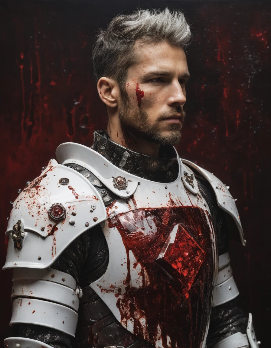 {{Masterpiece, best quality, oil painting, by Gustav Klimt, by Franz von Stuck, by Gustave Moreau}, ((((((the profile full body portrait of a 30 year old male cyborg, manly, sexy, tall, muscular, he has blood covered silver hair, splattered in blood scarred face, sullen, arrogant, haughty, majestic, furious)))))), (((((He is splattered in blood, wearing a blood covered white cyborg plate armor, with a red diamond shape on his chest))))). (((burning background))).