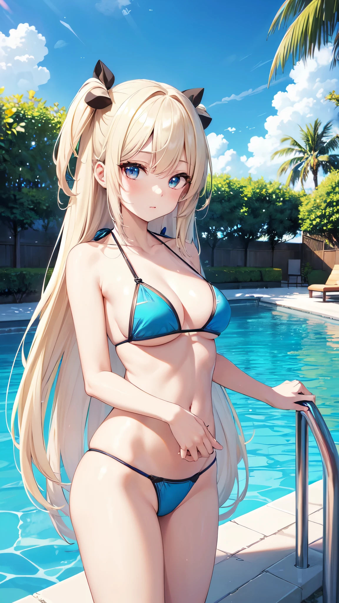 ((Best Quality)), (ultra-detailliert), ((Extremely detailed)), (Beautiful), ((Kawaii Girl)), ((UHD)), (masterpiece), (high quality), (best quality), (4K), (high quality), 1, solo girl, 1girl, ((platinum blond hair)), parted bangs, ((hair intakes)), long hair, (hair two side up long), ((jade colored eyes)), slanted eyes, , slender body, (layered ), Pool Background, (blue sky:1.3), solar, sunlight, anime style
