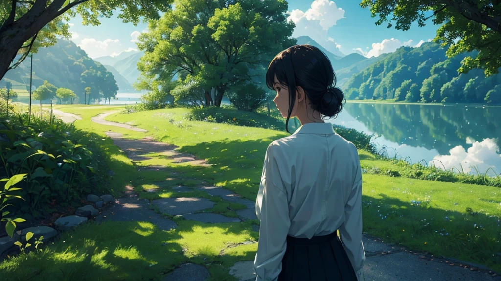 4K,Every green空 carries the promise of a new dawn, Paving the way for a beautiful beginning,beautiful nature pictures. green,green空, green、A woman is reflected in the photo.、back, blue sky and many clouds
