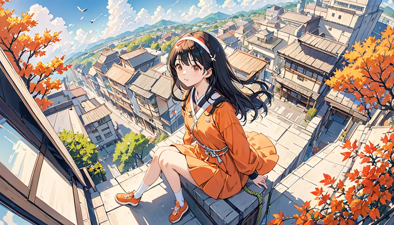 1 Girl、Orange shoes、One person、Top view、Sitting、null、cloud、Outdoor、Black Hair、bird、Upward view、青いnull、White socks、Daytime、Orange Jacket、building、Long sleeve、leaf、Long Hair、赤いHeadband、Pump rope、Headband、bangs、曇りnull、from_below、Wide_shot