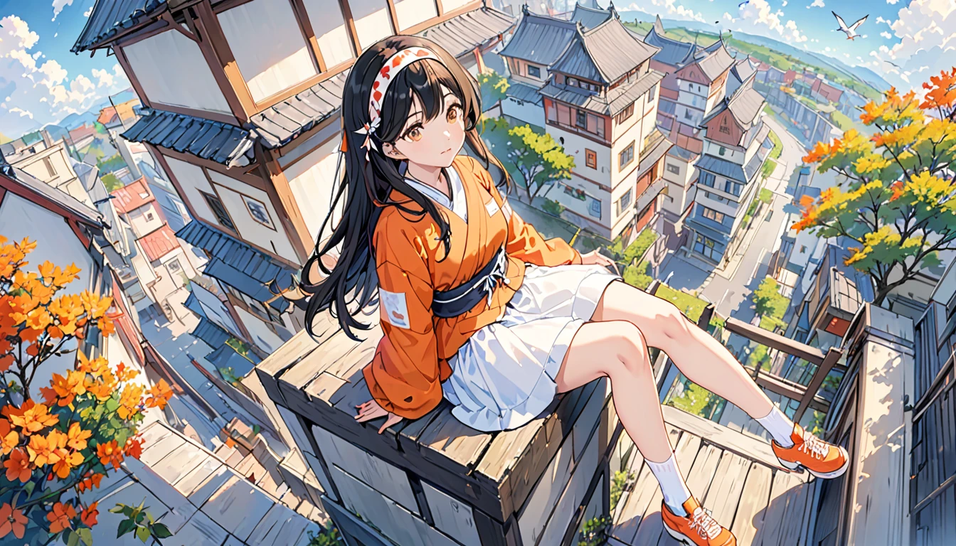 1 Girl、Orange shoes、One person、Top view、Sitting、null、cloud、Outdoor、Black Hair、bird、Upward view、青いnull、White socks、Daytime、Orange Jacket、building、Long sleeve、leaf、Long Hair、赤いHeadband、Pump rope、Headband、bangs、曇りnull、from_below、Wide_shot