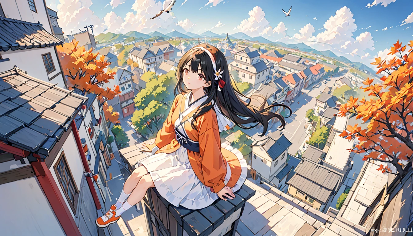 1 Girl、Orange shoes、One person、Top view、Sitting、null、cloud、Outdoor、Black Hair、bird、Upward view、青いnull、White socks、Daytime、Orange Jacket、building、Long sleeve、leaf、Long Hair、赤いHeadband、Pump rope、Headband、bangs、曇りnull、from_below、Wide_shot