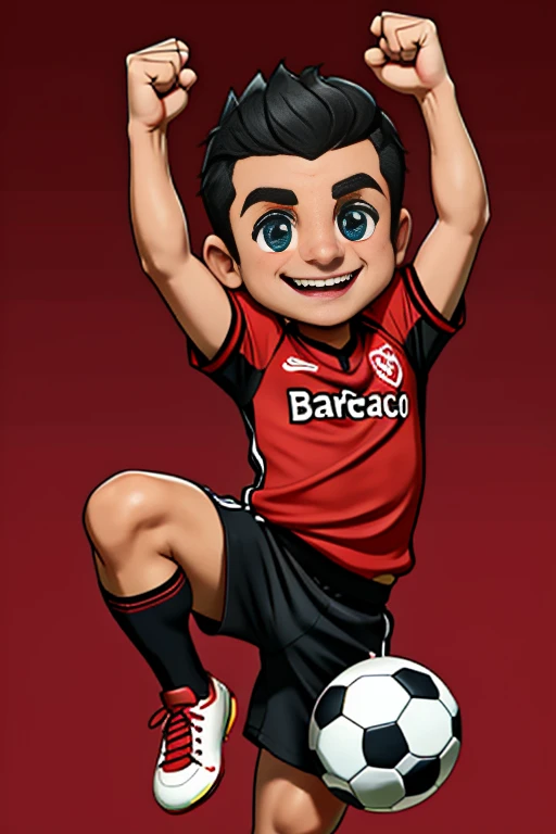 8ik, cartoon boy in a red and black soccer uniform kicking a soccer ball, soccer player, football player, celebrate goal, inspired by Oswaldo Viteri, pose(arms up + happy), football mascot, toon rendering, inspired by Master of the Bambino Vispo, charicature, playing soccer, celebration, diego 5, happy , sports mascot, in cartoon style