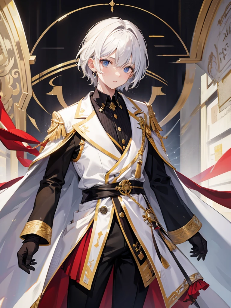 (masterpiece, top-quality, Extremely high quality, high-level image quality) young boy, brown eyes, white hair, detailed eyes, white coat, black pants