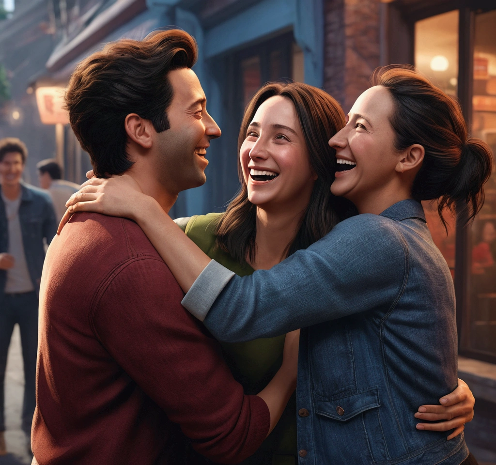 Create an image of friends reuniting and laughing together, emphasizing the value of relationships, in the style of ArtStation, trend, cinematic, thriller.