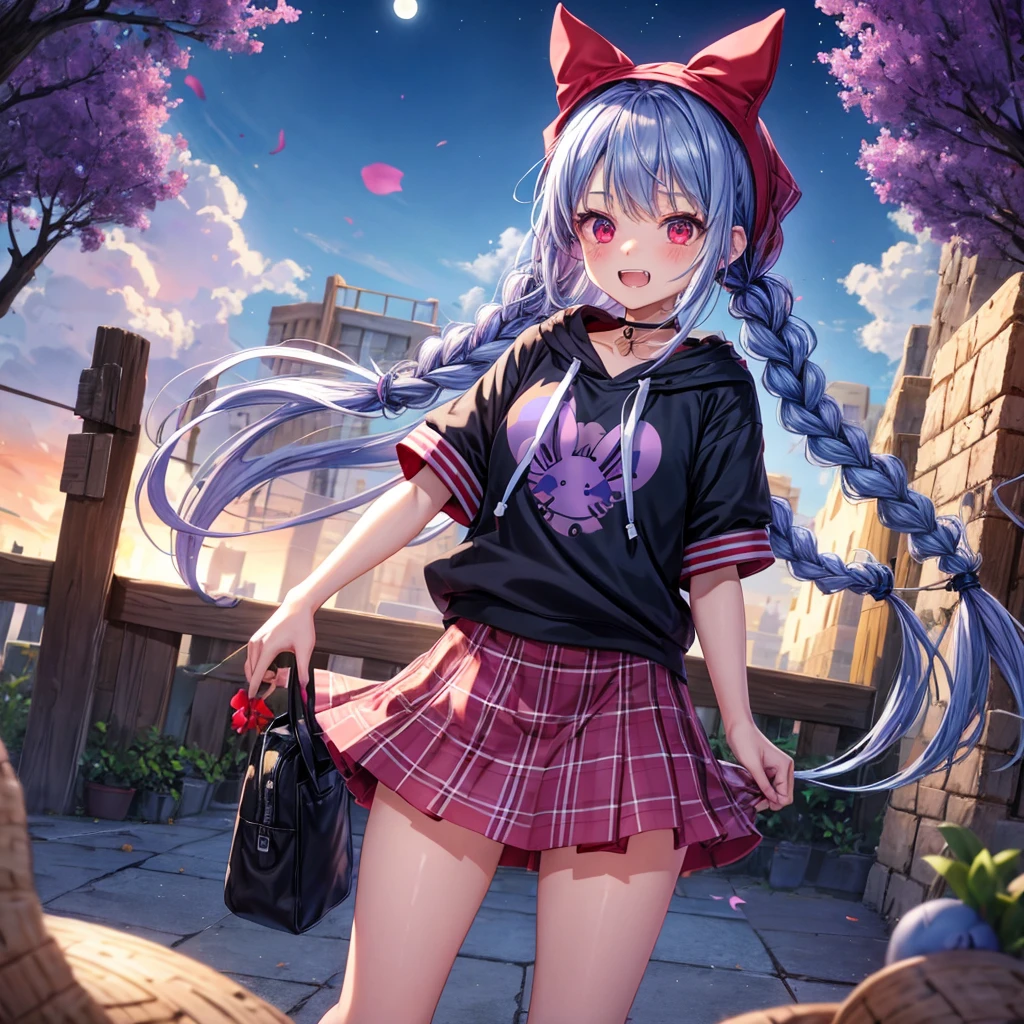 Blue-light purple hair、Red eyes、Braid、bandana、One cute girl、solo、And soul、Light clothing、Checked mini skirt、petal、Wet hair、black t-shirts、Rabbit Hoodie、large tree、cloud、Red full moon、desert、barefoot、Stones are piled up、Teeth are visible、Secret Treasure、Fortress City、Tilting face、Pedalling a bicycle