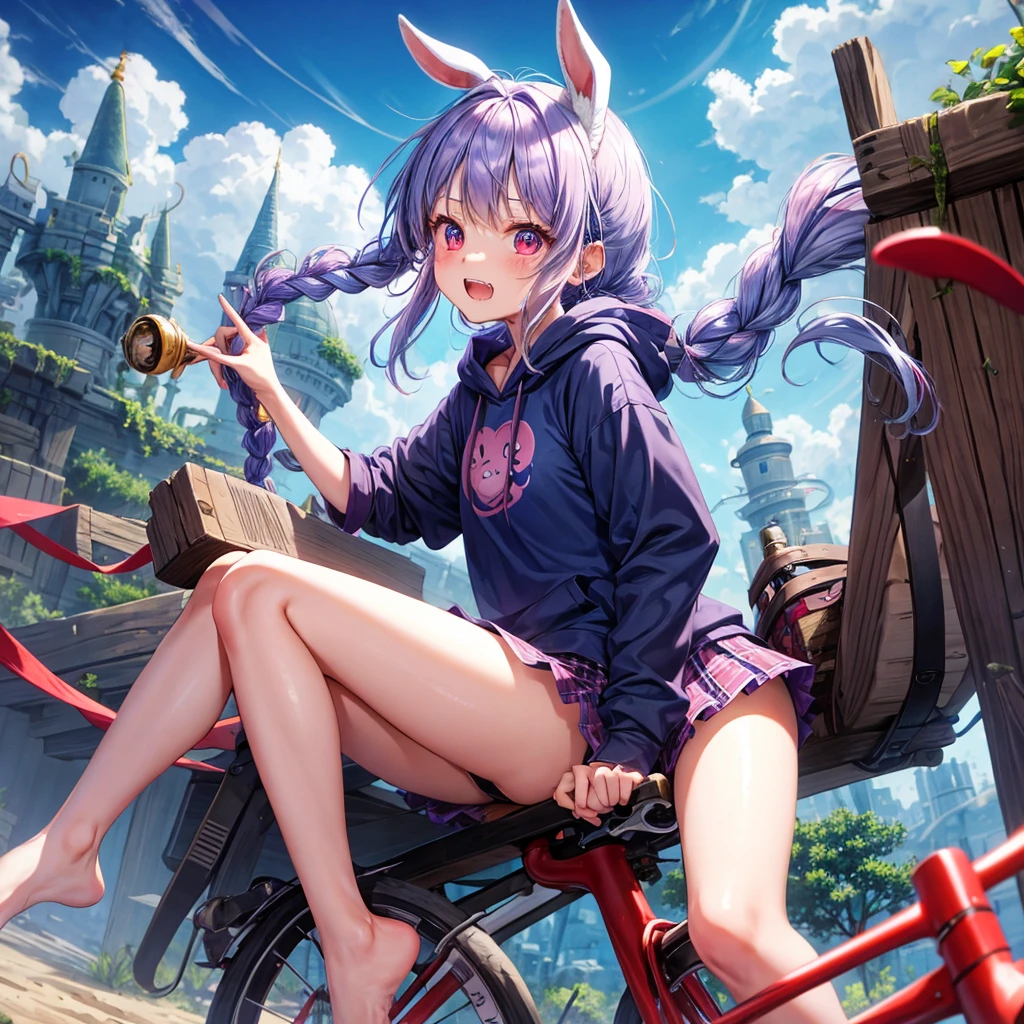 Blue-light purple hair、Red eyes、Braid、bandana、One cute girl、solo、And soul、Light clothing、Checked mini skirt、petal、Wet hair、black t-shirts、Rabbit Hoodie、large tree、cloud、Red full moon、desert、barefoot、Stones are piled up、Teeth are visible、Secret Treasure、Fortress City、Tilting face、Pedalling a bicycle