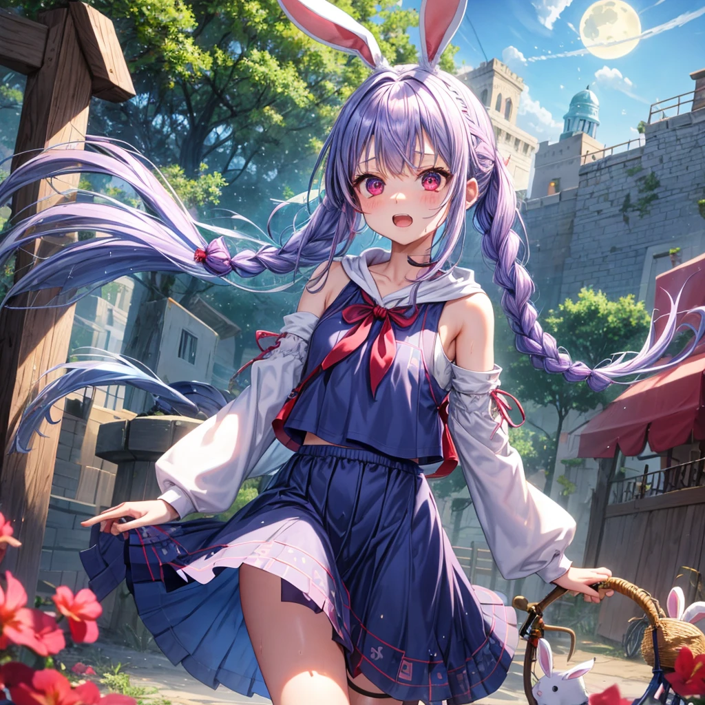 Blue-light purple hair、Red eyes、Braid、bandana、One cute girl、solo、And soul、Light clothing、Checked mini skirt、petal、Wet hair、black t-shirts、Rabbit Hoodie、large tree、cloud、Red full moon、desert、barefoot、Stones are piled up、Teeth are visible、Secret Treasure、Fortress City、Tilting face、Pedalling a bicycle