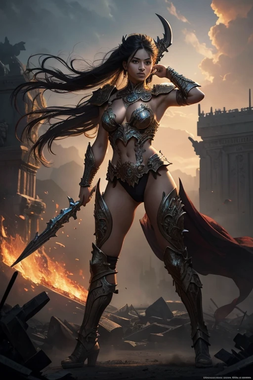 masterpiece, best quality,adult,A goddess of war with glowing eyes, magical tattoos, battle scars on her skin, and a mystical bloodied weapon in her hand, standing in a powerful pose with intricately designed mythic motifs on her armor, against a chaotic battlefield illuminated by otherworldly light, with fallen enemies at her feet