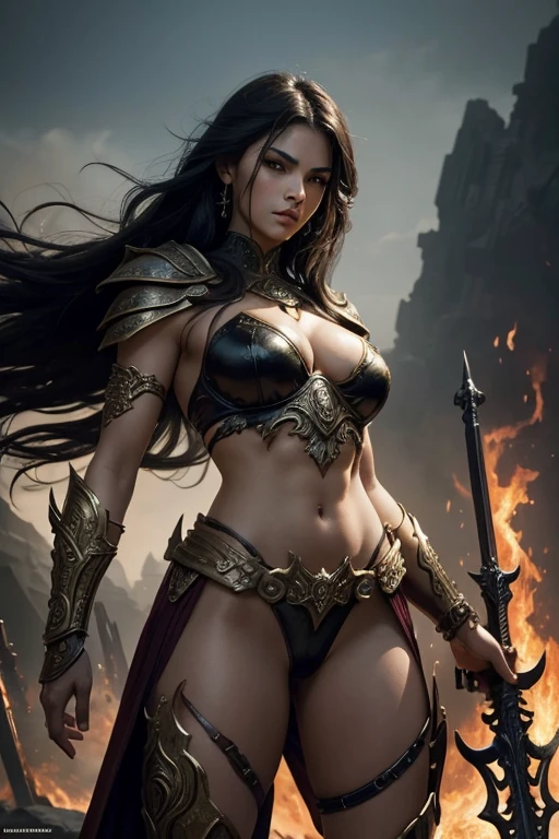 masterpiece, best quality,adult,A goddess of war with glowing eyes, magical tattoos, battle scars on her skin, and a mystical bloodied weapon in her hand, standing in a powerful pose with intricately designed mythic motifs on her armor, against a chaotic battlefield illuminated by otherworldly light, with fallen enemies at her feet