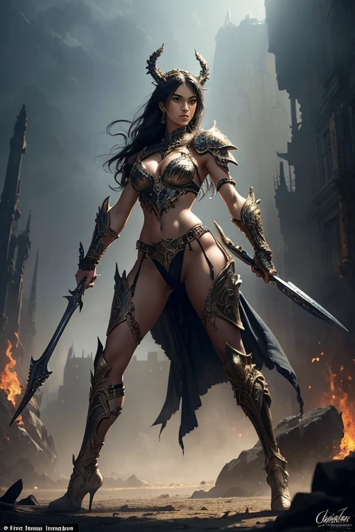 masterpiece, best quality,adult,A goddess of war with glowing eyes, magical tattoos, battle scars on her skin, and a mystical bloodied weapon in her hand, standing in a powerful pose with intricately designed mythic motifs on her armor, against a chaotic battlefield illuminated by otherworldly light, with fallen enemies at her feet