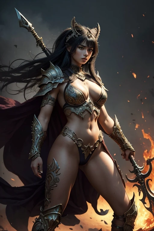 masterpiece, best quality,adult,A goddess of war with glowing eyes, magical tattoos, battle scars on her skin, and a mystical bloodied weapon in her hand, standing in a powerful pose with intricately designed mythic motifs on her armor, against a chaotic battlefield illuminated by otherworldly light, with fallen enemies at her feet