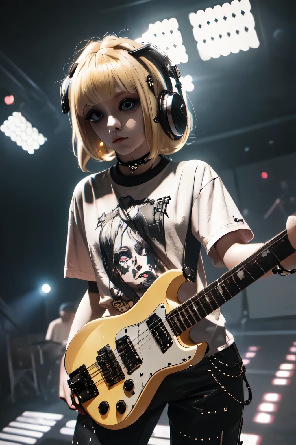 High quality picture, masterpiece, 4k. luminous, reality, blond bobbed hair, punk style t-shirt, hot trousers, playing electric guitar, big eyes, lame eyeshadow, on stage with spotlight