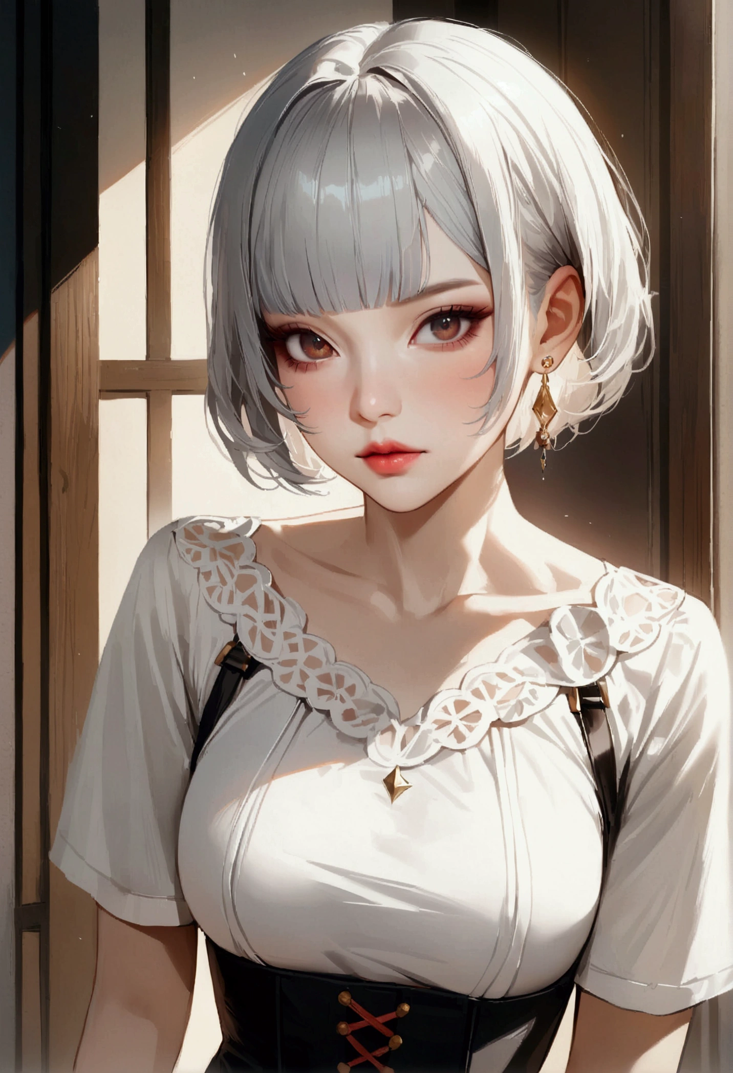 (best quality, masterpiece), 1 woman, Beautiful girl, brown_eye, ((hair color [Silver hair], [Pixie cut with bangs] hair)), earring, Lips, short sleeve,realistic, small waist, attractive, colorful makeup, 긴 속eye썹, fair skin, (cute), (Detailed face), 세부 사항ed eye, Detailsed iris, 