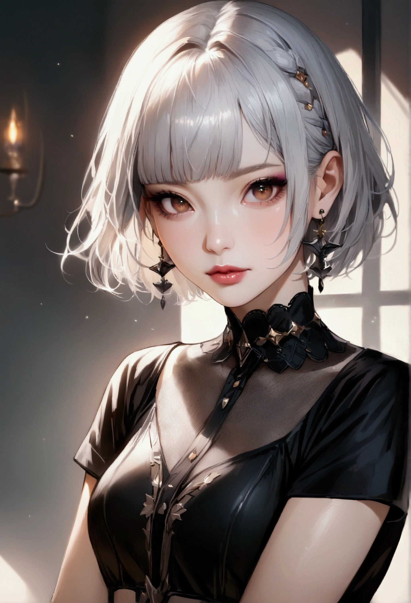 (best quality, masterpiece), 1 woman, Beautiful girl, brown_eye, ((hair color [Silver hair], [Pixie cut with bangs] hair)), earring, Lips, short sleeve,realistic, small waist, attractive, colorful makeup, 긴 속eye썹, fair skin, (cute), (Detailed face), 세부 사항ed eye, Detailsed iris, 