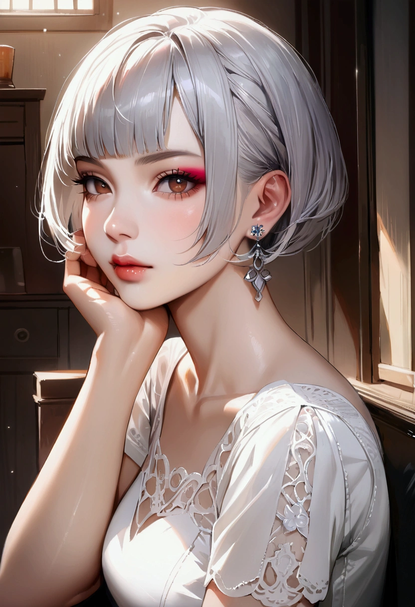 (best quality, masterpiece), 1 woman, Beautiful girl, brown_eye, ((hair color [Silver hair], [Pixie cut with bangs] hair)), earring, Lips, short sleeve,realistic, small waist, attractive, colorful makeup, 긴 속eye썹, fair skin, (cute), (Detailed face), 세부 사항ed eye, Detailsed iris, 