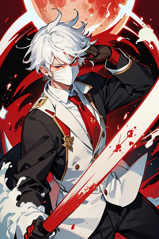 A man with white hair against a red moon(His face is hidden by a mask and cannot be seen.)is holding a large sword in one hand and sending out blood-like splashes.