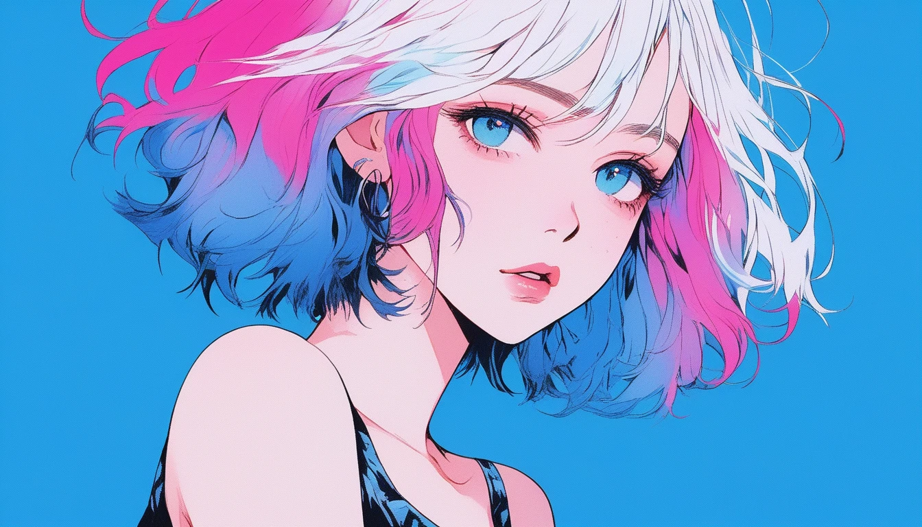 Illustrator, anime , Realistic ,sketch , 1 girl, ,lip, Sleeveless dress,order, Blue gradient background, Neon Hair,Texture Trim, Canadian, (masterpiece,Highest quality) Cancer