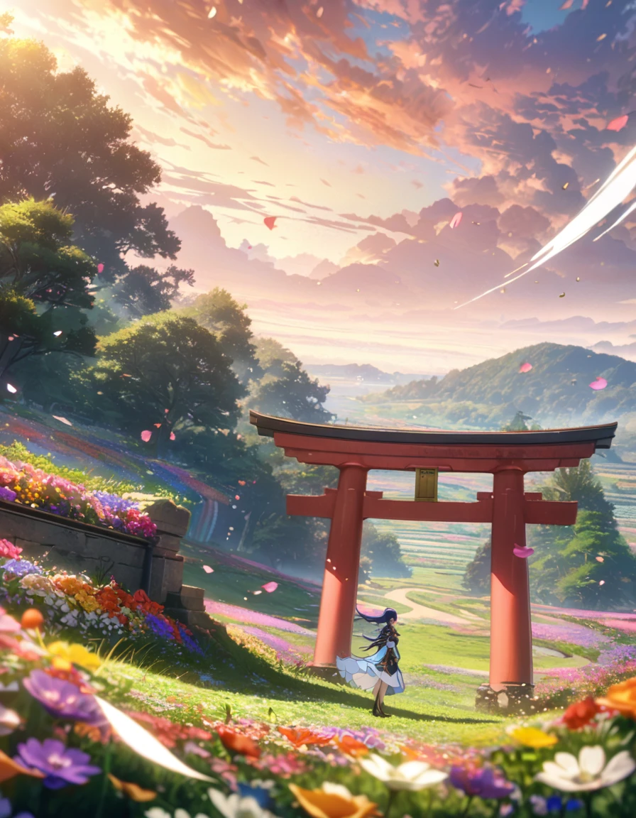  anime aestetics, anime scenery, japanese torii gate standing in the open field, a few stones on the field, diverse landscape, beautifl atmosphere, breathtaking atmosphere, field filled with colorful flowers, peaceful atmosphere, petals flying in the air, windy weather, bright day, fairy tail atmosphere, cinematic ligt, perspective, atmospheric perspective, wide shot, from side, 8k, highres, best quality, award winning, super detail, masterpiece, UHD