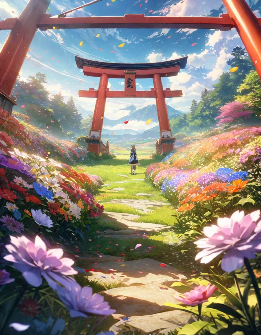  anime aestetics, anime scenery, japanese torii gate standing in the open field, a few stones on the field, diverse landscape, beautifl atmosphere, breathtaking atmosphere, field filled with colorful flowers, peaceful atmosphere, petals flying in the air, windy weather, bright day, fairy tail atmosphere, cinematic ligt, perspective, atmospheric perspective, wide shot, from side, 8k, highres, best quality, award winning, super detail, masterpiece, UHD