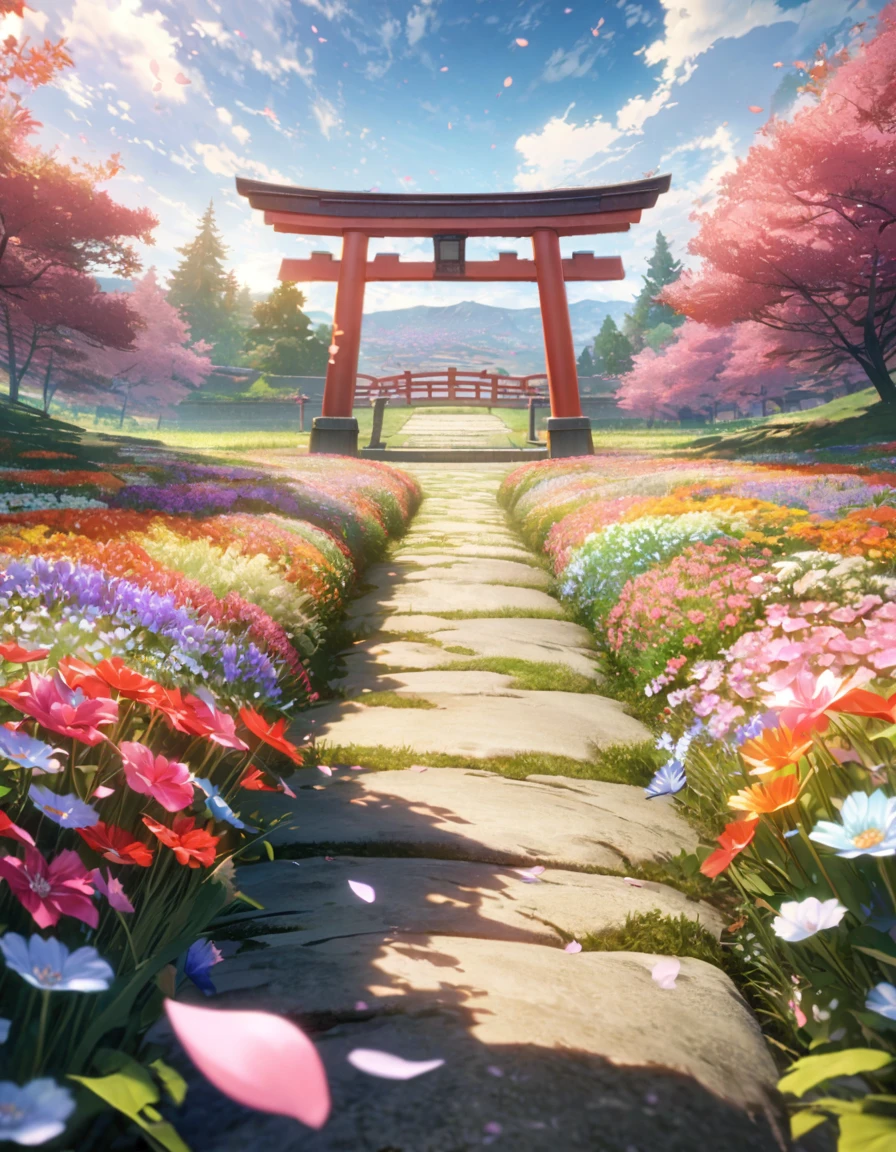anime aestetics, anime scenery, japanese torii gate standing in the open field, a few stones on the field, diverse landscape, beautifl atmosphere, breathtaking atmosphere, field filled with colorful flowers, peaceful atmosphere, petals flying in the air, windy weather, bright day, fairy tail atmosphere, cinematic ligt, perspective, atmospheric perspective, wide shot, from side, 8k, highres, best quality, award winning, super detail, masterpiece, UHD