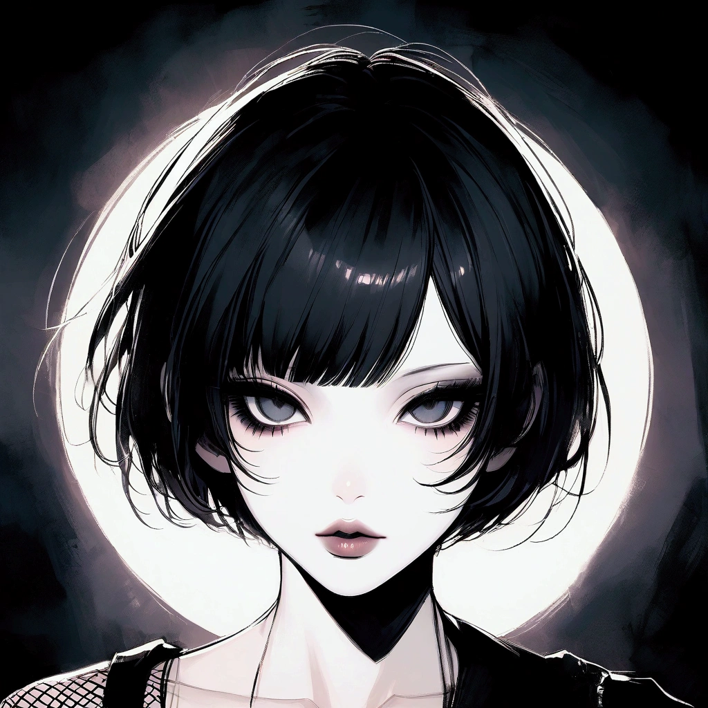 Gothic girl, face focus, slim, delicate, pale skin, lipgloss, boyish haircut, fishnet, smokey eye, beautiful, blunt, very short hair, pale lips, no eyebrows