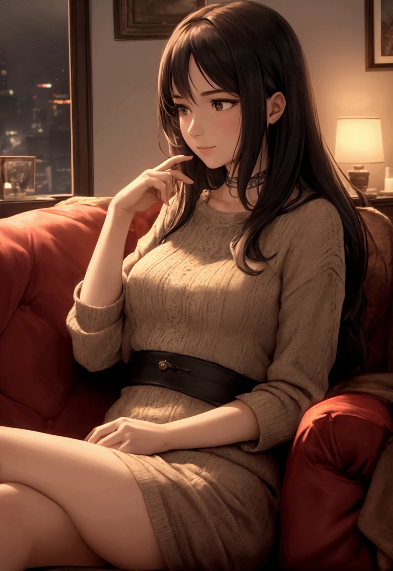A woman sitting on the sofa browsing her phone in a cinematic and detailed scene. The setting has a warm and cozy atmosphere, with soft lighting casting a gentle glow on the surroundings.