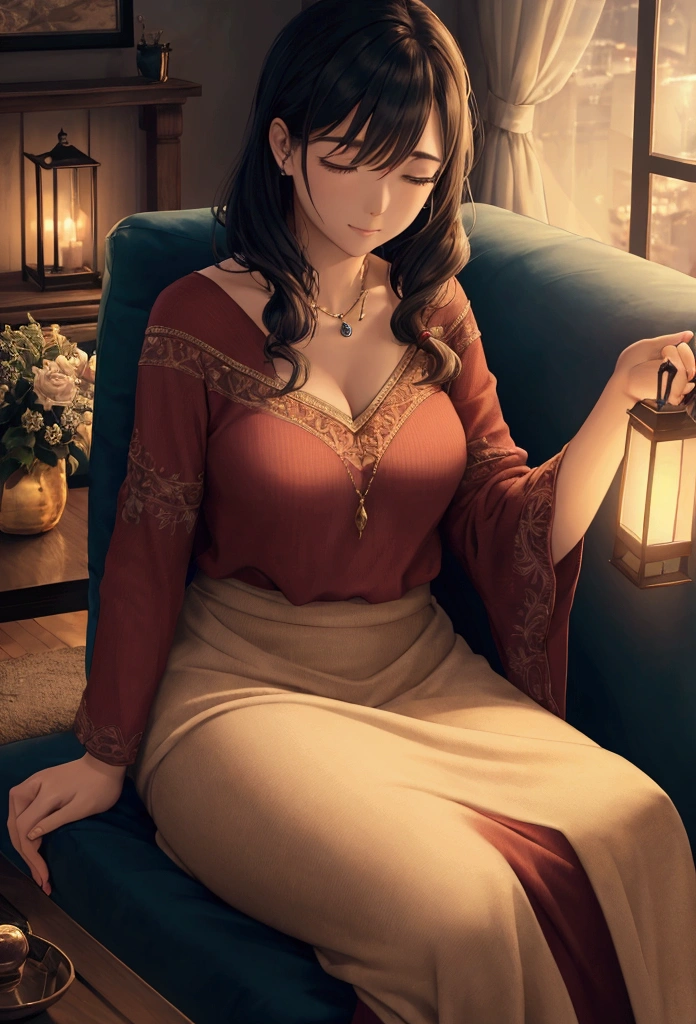 A woman sitting on the sofa browsing her phone in a cinematic and detailed scene. The setting has a warm and cozy atmosphere, with soft lighting casting a gentle glow on the surroundings.