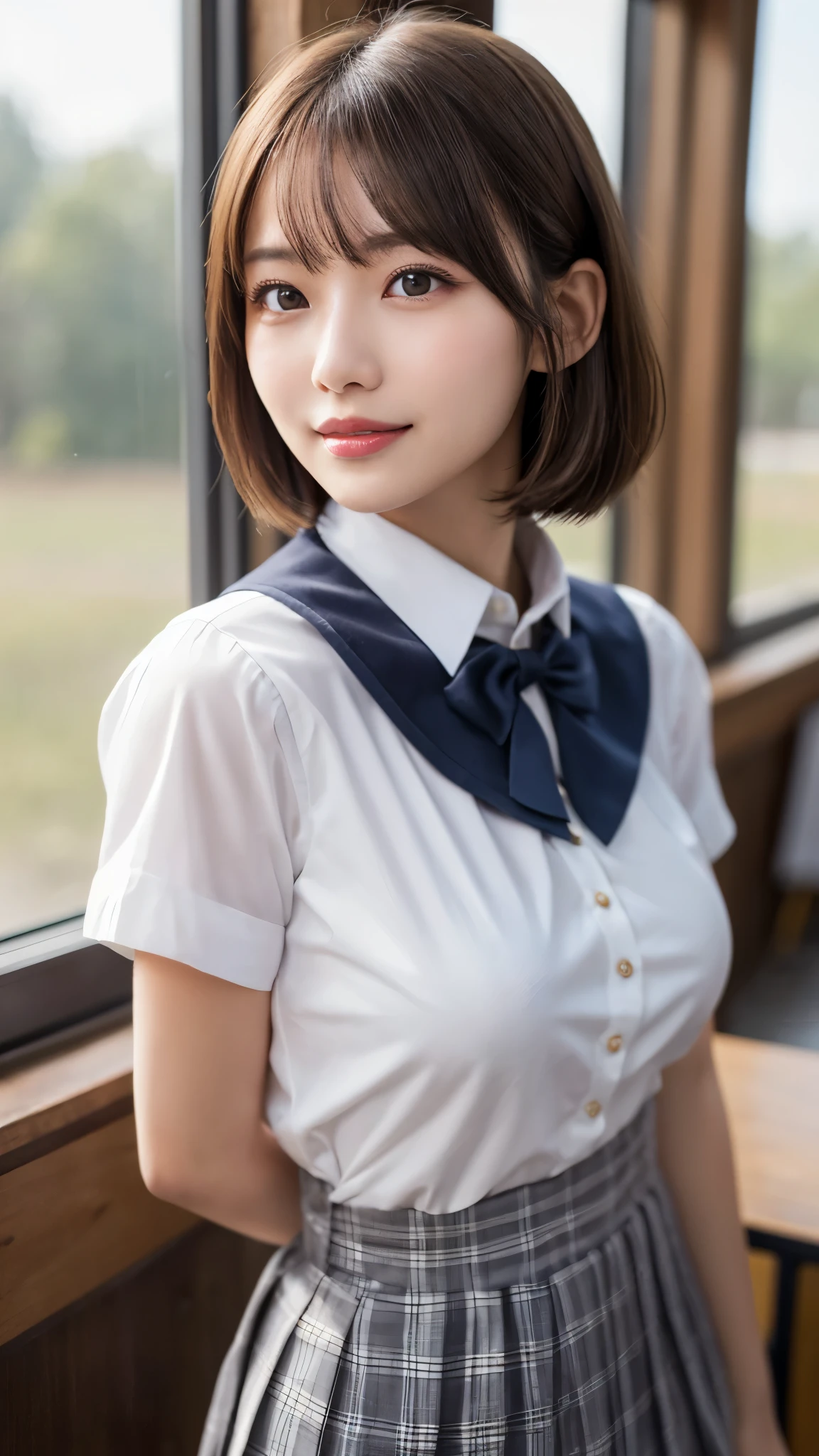 (masterpiece:1.3), high resolution, ultra detailed, extremely detailed CG unity 16k wallpaper, realistic, photo-realistic, RAW photo, super fucking beautiful detailed face, natural makeup, pale skin, realistic glistening skin, detailed cloth texture, detailed hair texture, beautiful detailed fullbody, Perfect female body, accurate, Anatomically correct, Highly detailed face and skin texture, natural neck length, (beautiful hands), (fair skin:1.1), (well-aligned teeth:1.1), ((beautiful large breasts:1.2)), (beautiful thighs:1.2), (cowboy shot:1.3), (Perfect dynamic composition, looking at viewer),
BREAK,
Detailed eyes, symmetric eyes, Light Brown eyes, Double eyelids, Thin eyebrows, (Glossy lips:1.4), ((A face with waiting for a kiss:1.2)), (blush:1.1), (A sparkling small hair accessory:1.1), (beautiful smile:1.1), (sweat skin,blush:1.2), (Random and cute poses),
BREAK,
((short hair, bob, Dark blonde hair, bangs:1.2)),
(standing leaning against the window in the classroom, school uniform:1.3)