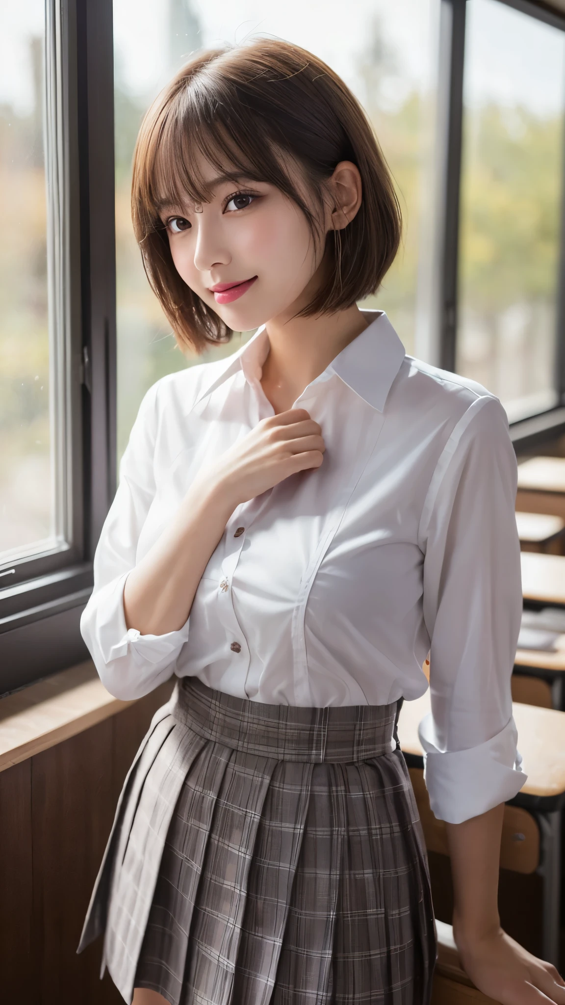 (masterpiece:1.3), high resolution, ultra detailed, extremely detailed CG unity 16k wallpaper, realistic, photo-realistic, RAW photo, super fucking beautiful detailed face, natural makeup, pale skin, realistic glistening skin, detailed cloth texture, detailed hair texture, beautiful detailed fullbody, Perfect female body, accurate, Anatomically correct, Highly detailed face and skin texture, natural neck length, (beautiful hands), (fair skin:1.1), (well-aligned teeth:1.1), ((beautiful large breasts:1.2)), (beautiful thighs:1.2), (cowboy shot:1.3), (Perfect dynamic composition, looking at viewer), 
BREAK, 
Detailed eyes, symmetric eyes, Light Brown eyes, Double eyelids, Thin eyebrows, (Glossy lips:1.4), ((A face with waiting for a kiss:1.2)), (blush:1.1), (A sparkling small hair accessory:1.1), (beautiful smile:1.1), (sweat skin,blush:1.2), (Random and cute poses), 
BREAK, 
((short hair, bob, Dark blonde hair, bangs:1.2)),  
(standing leaning against the window in the classroom, school uniform:1.3)
