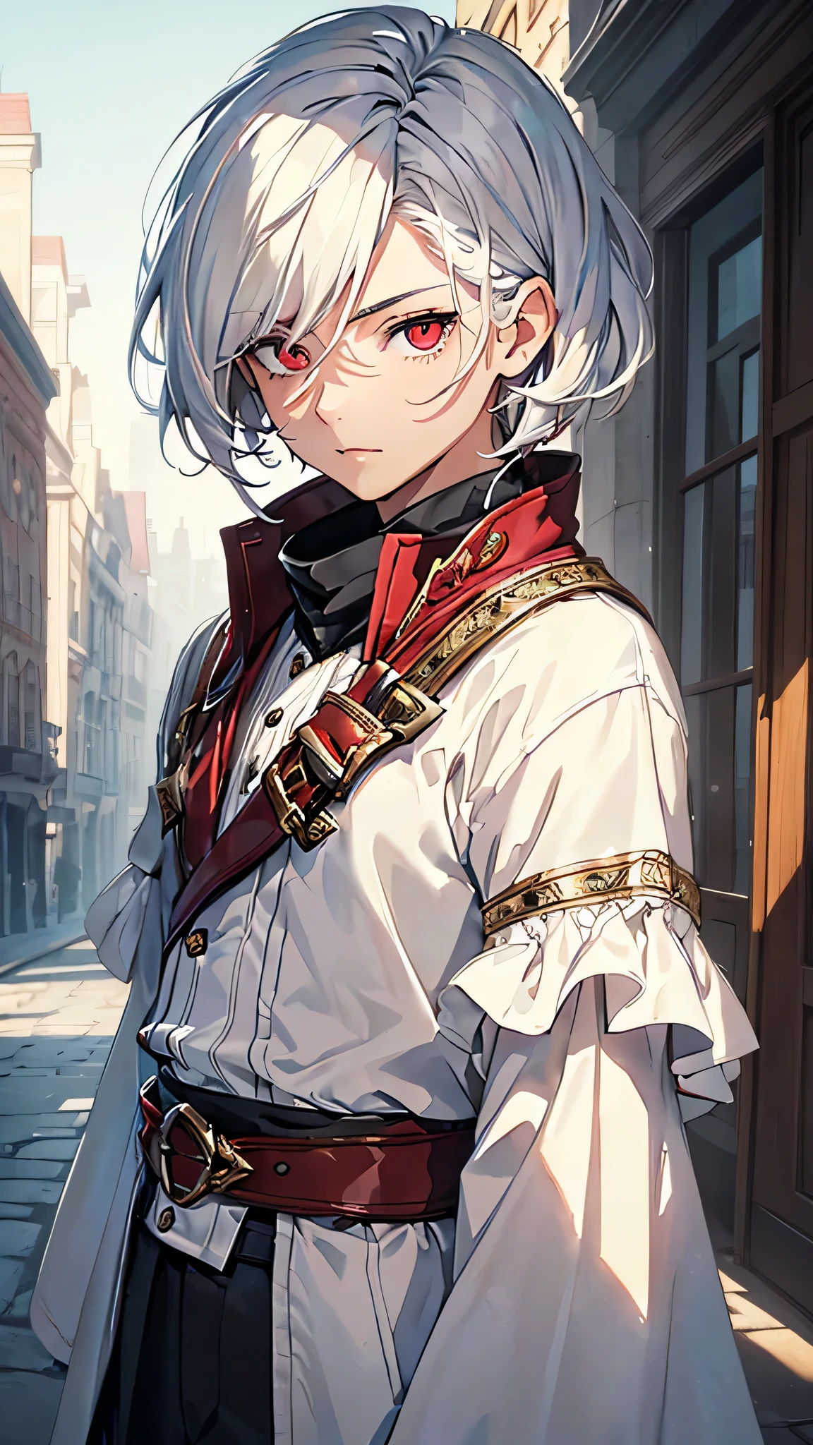 (masterpiece:1.2, Highest quality), (Beautiful, detailed eyes: 1.2), ((One boy)), (Red eyes:1.4), (Detailed eyes and face:1.3), ((Boy with short white hair)), (Beautiful and vivid background:1.2), (Very detailedCG, Very detailed, Best Shadow:1.1), ((Depth of written boundary)), ((watercolor)), beautiful concept figure, (Orange background:0.5), (figure:1.1), (Very nice and beautiful:1.1), (Perfect detail:1.1), from the front, Cowboy Shot, ephemeral