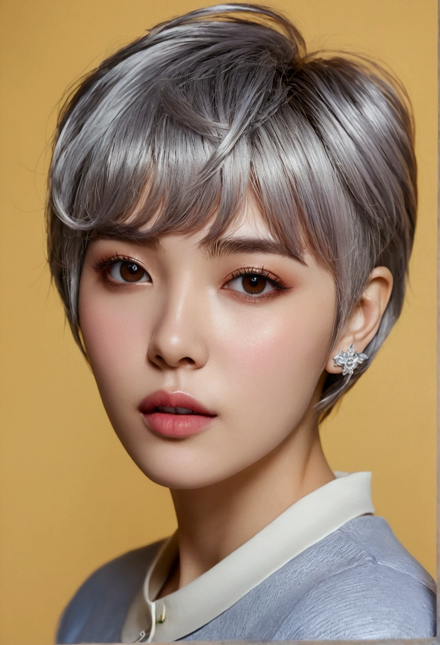 (best quality, masterpiece), 1 woman, Beautiful girl, brown_eye, ((hair color [Silver hair], [Pixie cut with bangs] hair)), earring, Lips, short sleeve,realistic, small waist, attractive, colorful makeup, 긴 속eye썹, fair skin, (cute), (Detailed face), 세부 사항ed eye, Detailsed iris, 