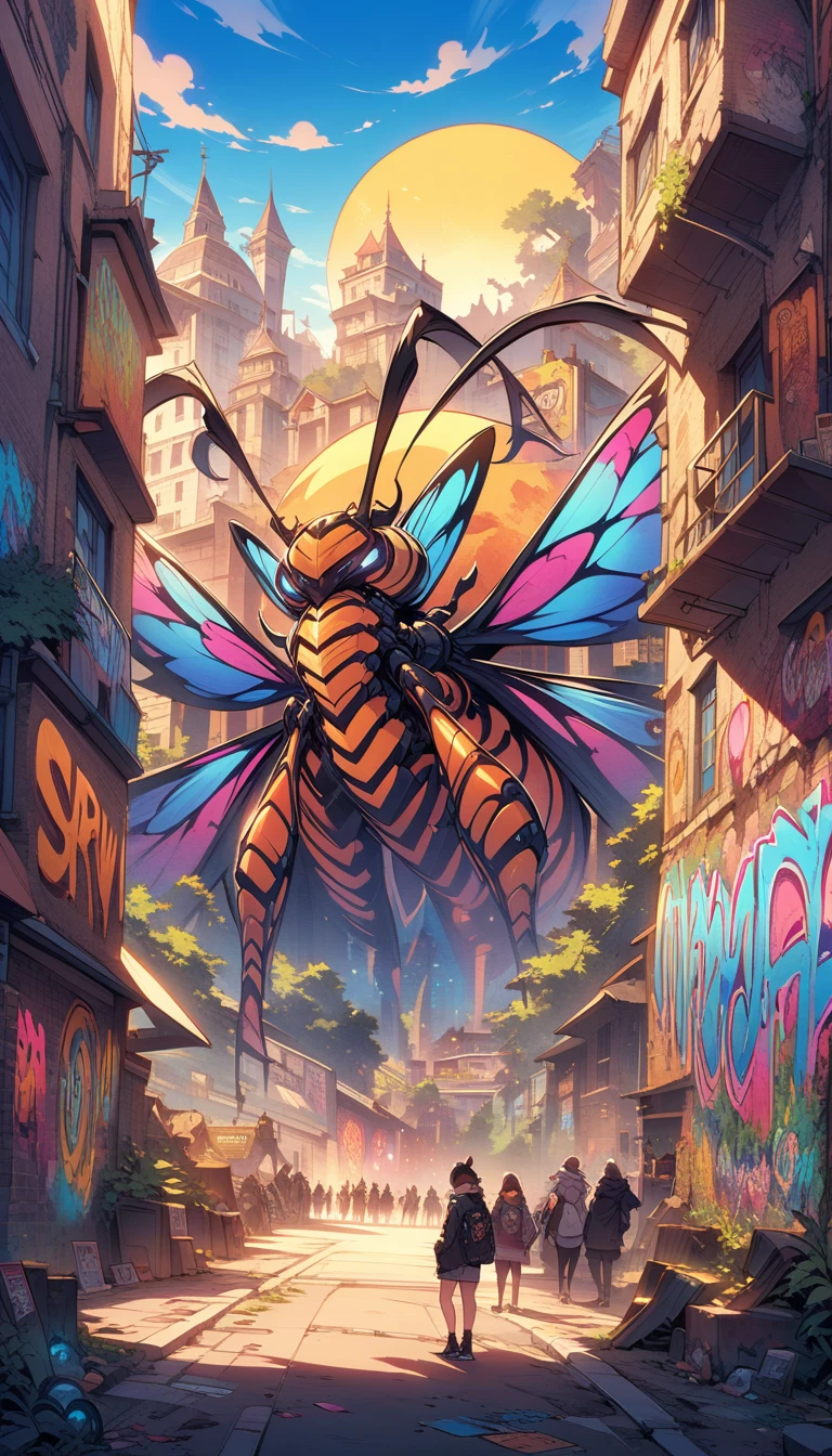 ((best quality)) , ((masterpiece)) , (detailentasy illustration of an enormous wasp with glowing eyes, surrounded cheering people in the style of magic The gathering card art. In front is a large yellow moon over a fantasy town background. Vibrant colors are used.，(Graffiti style ， Street art, vibrant, urban, detailed, tag, mural)