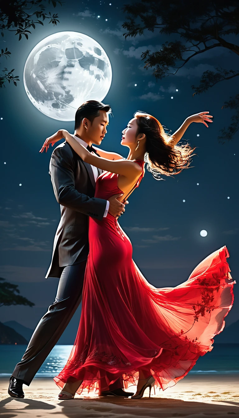 1 asian girl in long transparent red dress dance tango with a man in the moonlight,realistic,halter dress ,best quality, masterpiece, highres, original, extremely detailed wallpaper,an extremely delicate and beautiful,