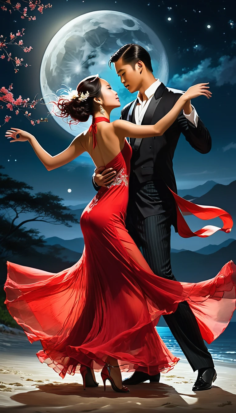 1 asian girl in long transparent red dress dance tango with a man in the moonlight,realistic,halter dress ,best quality, masterpiece, highres, original, extremely detailed wallpaper,an extremely delicate and beautiful,