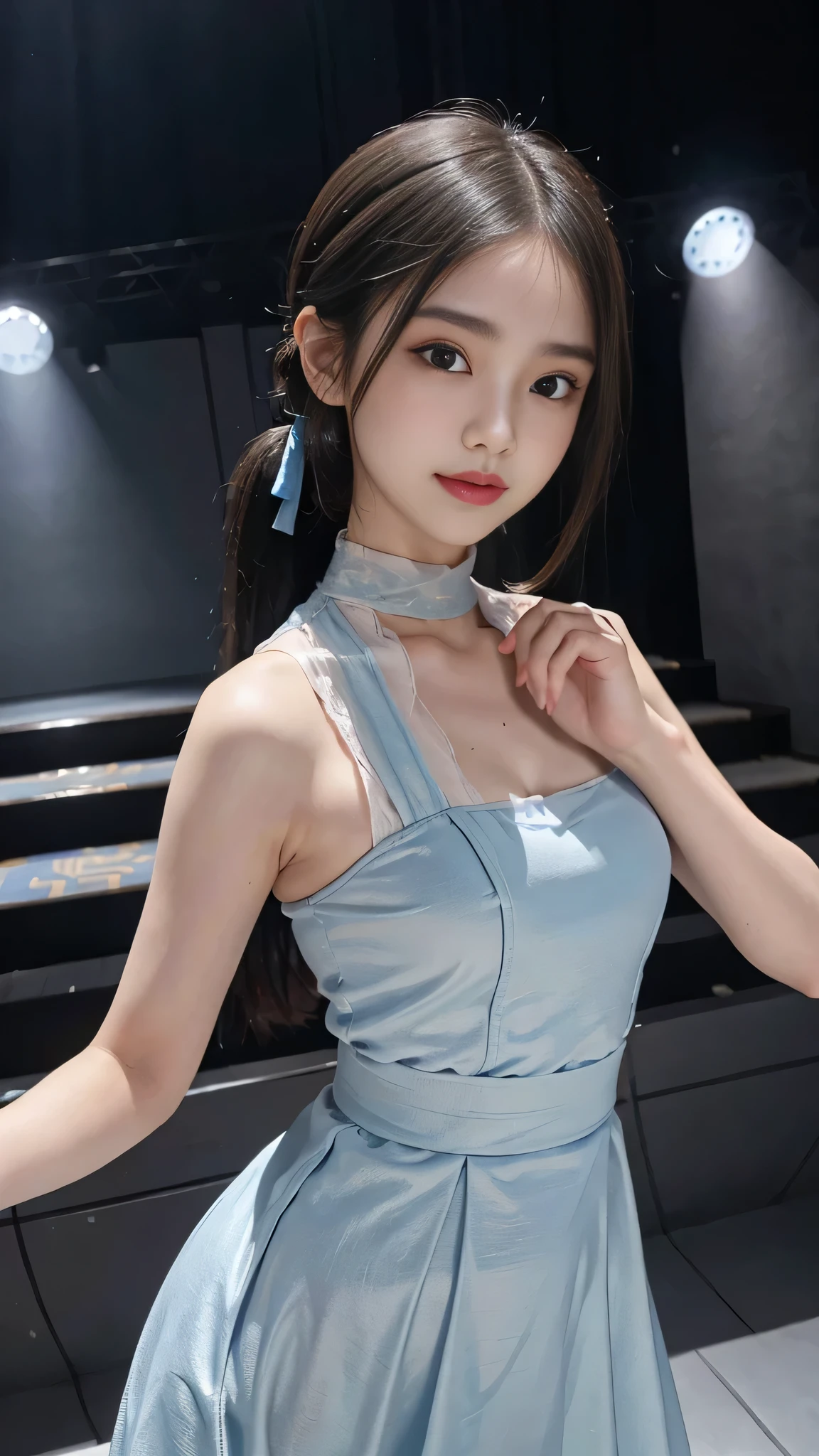 full body,Standing,Singing take a mike . on idol stage,The Skyblue dress features a sleeveless, fitted bodice with a decorative ribbon,The background is all gray,The highest image quality, High quality, the background is clear,Beautiful woman, Japanese,Ultra-detailed, finely detail, hight resolution, 8k Wallpaper, Perfect dynamic composition, Beautiful detailed eyes , Detailed, Detailed eyes, Detailed skin, Beautiful skin, 超hight resolution, (reality: 1.4),Very beautiful woman, Slightly younger face, Beautiful skin, Slender, (Ultra photo realsisim), (hight resolution), (8k), (Very detailed) (beautifully detailed eyes), (super detailed), (Detailed face), view the viewer, Fine details, Detailed face, Staring straight ahead, Staring straight ahead, photos realistic, Bright lighting, Professional Lighting, Black hair,poneyTail,a baby face,sixteen years old,Hairstyle: ponytail,Long ponytail hairstyle,slight smile,Beautiful Japanese KPOP idol photo, hair style is ponytail, my eyes are double and wide, baby face, smile and look straight ahead, Slender, small breasts,