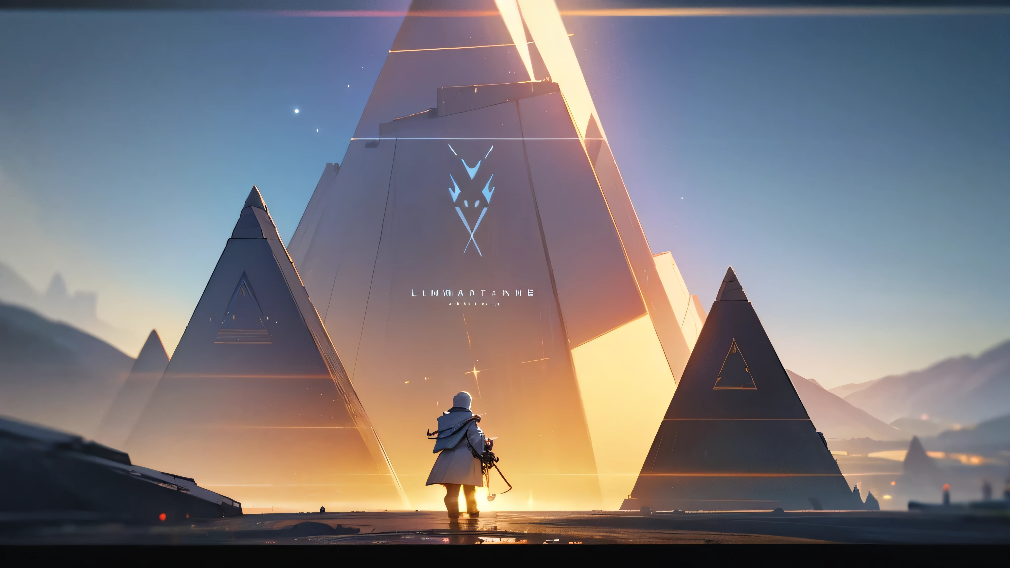 blurred image of a man on a mountain with a pyramid in the background, concept art inspired by Beeple, featured on polycount, Lumiere and space, main art, Destiny 2, Destiny, game main art, bungie, beautiful and cinematic Lumiereing, bright cinematic key Lumiereing, beyond visible Lumiere, beautiful Lumiereing uhd, Lumiere, Destiny art