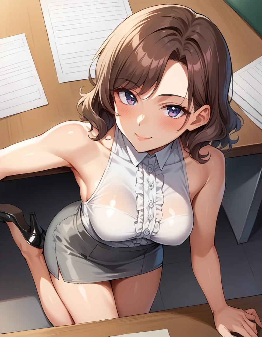 score_9, score_8_up, score_7_up, score_6_up, BREAK, 1girl, 30yo, female, short, slender slutty girl, brunette, wavy hair, cute and mature, wearing (tight grey skirt:1.1), (tight white sleeveless blouse:1.2), (black high heels:1.0), (medium breasts, shoulder length hair:1.5), BREAK, luxury office, (under desk for blowjob:1.3), sexy smirk, looking up at viewer, perfect proportions.