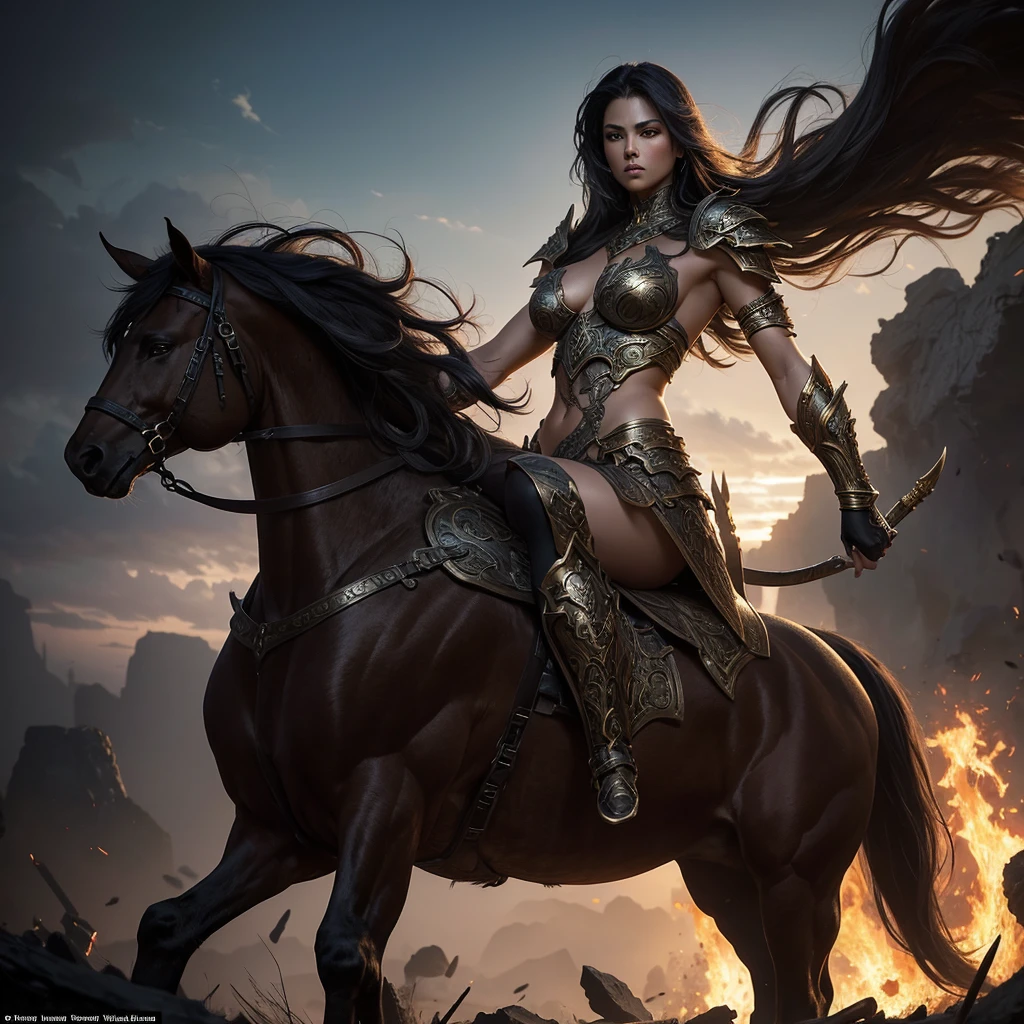 masterpiece, best quality,adult,A goddess of war with glowing eyes, magical tattoos, battle scars on her skin, and a mystical bloodied weapon in her hand, standing in a powerful pose with intricately designed mythic motifs on her armor, against a chaotic battlefield illuminated by otherworldly light, with fallen enemies at her feet