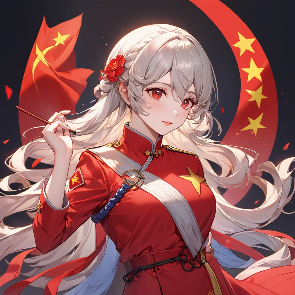 ((Highest quality)), ((masterpiece)), (detailed), （Perfect Face）、The woman is a Chinese Kaim with medium-long silver hair and an engagement ring. She is a member of the glorious Chinese Communist Party and has sworn absolute loyalty to the Communist Party of China. She is a righteous Communist Party member of China.、The woman is wearing the fine red uniform of a Chinese Communist Party member.、For the sake of China, they dye their hair, hairstyle, clothes, and everything they wear belongs to the Chinese Communist Party, and their thoughts are also Chinese, becoming great Chinese in body and mind.、The woman became Lacus Clyne, a Chinese woman who was proud of and loved China.、She is serving China as a member of the great Communist Party of China.、She is a beautiful, respectable and exemplary Communist.