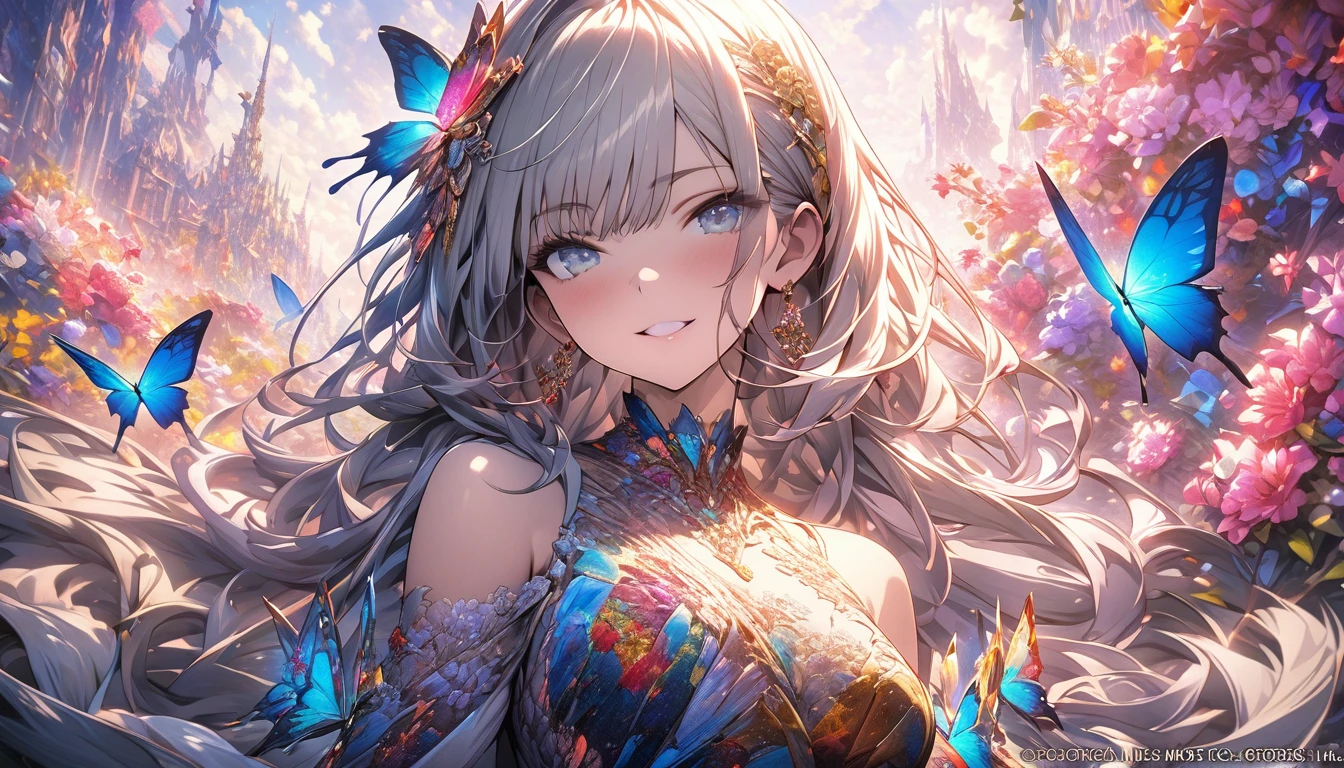 (masterpiece, Top quality, best quality, Official Art, beautiful and aesthetic:1.2), (1 Girl), Extremely detailed,(Fractal Art:1.3),rich and colorful,The most detailed,Upper Body, [Lace],[Jewelry],[flower],[[Butterfly]],