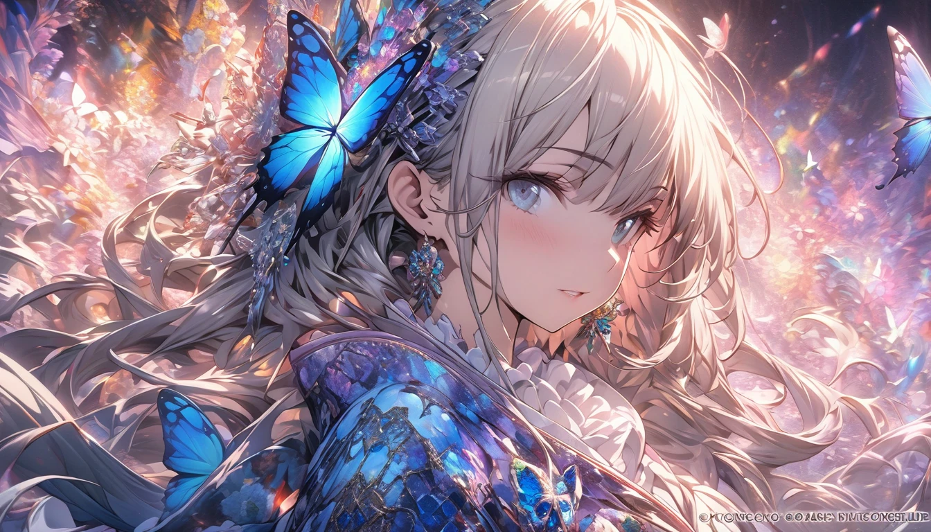 (masterpiece, Top quality, best quality, Official Art, beautiful and aesthetic:1.2), (1 Girl), Extremely detailed,(Fractal Art:1.3),rich and colorful,The most detailed,Upper Body, [Lace],[Jewelry],[flower],[[Butterfly]],