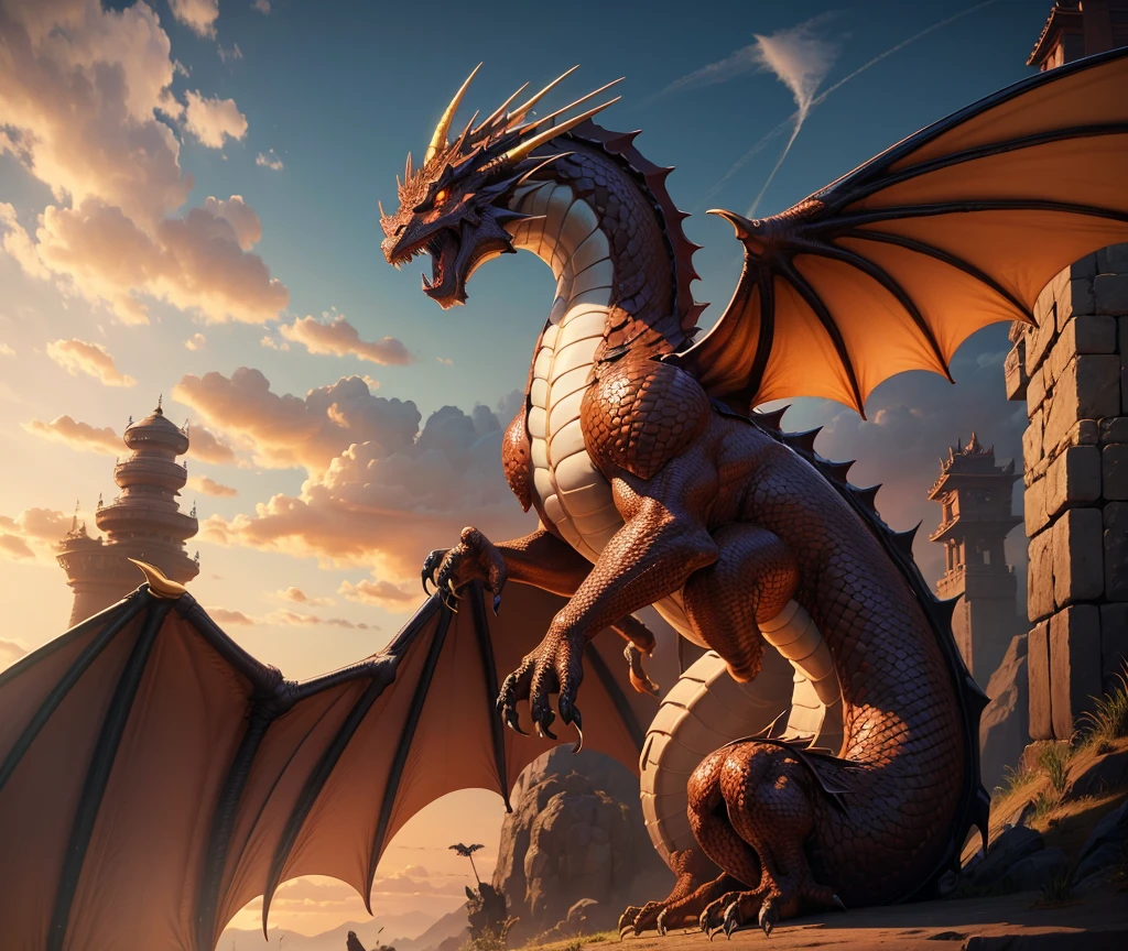 dragon with wings, one dragon, legendary dragon, colossal dragon, brown dragon, Azhdaha from genshin impact,