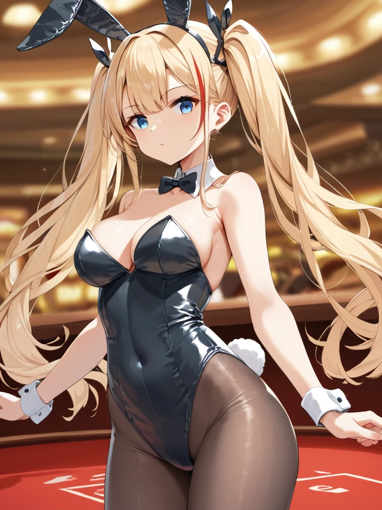 score_9,score_8_up,score_7_up,source_anime,cowboy shot,Idealized Forms,Natural Light,details background,blurry background,extremely detailed,1girl,ardent(azur lane),long hair,blonde hair,twintails,eyebrows, eyebrows visible through hair,asymmetrical hair,blue eyes,small brests,(bunny suit),animal ears, solo, rabbit ears, detached collar, fake animal ears,in casino,