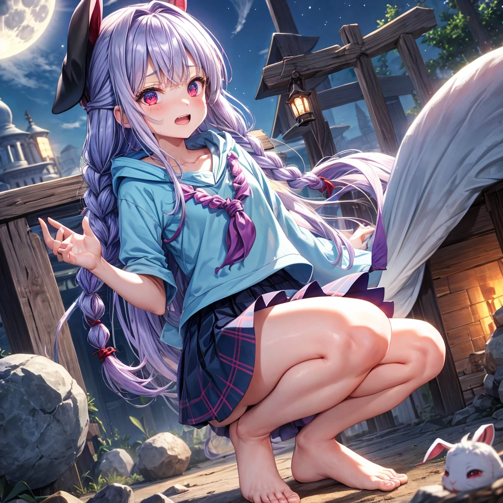 Blue-light purple hair、Red eyes、Braid、bandana、One cute girl、solo、And soul、Light clothing、Checked mini skirt、petal、Wet hair、black t-shirts、Rabbit Hoodie、large tree、cloud、Red full moon、desert、barefoot、Stones are piled up、Teeth are visible、Secret Treasure、Fortress City、Tilting face、Pedalling a bicycle